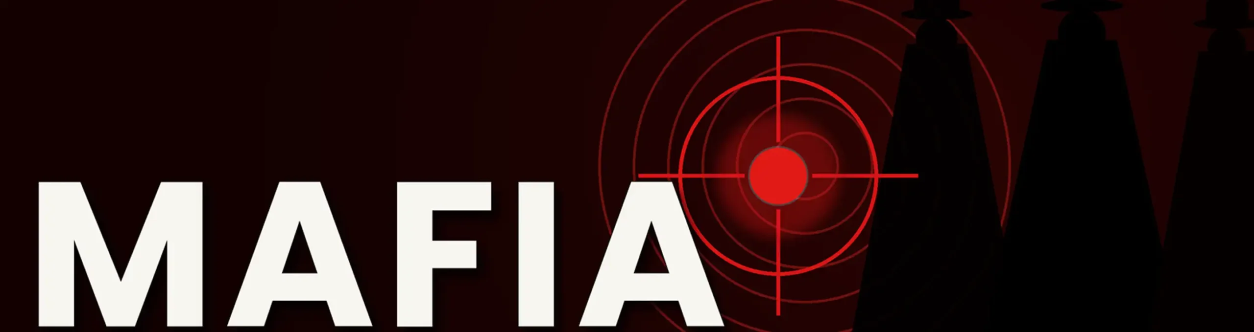 Mafia game logo featuring bold typography, a red target symbol, and shadowy silhouettes, representing strategy, deception, and social deduction gameplay.